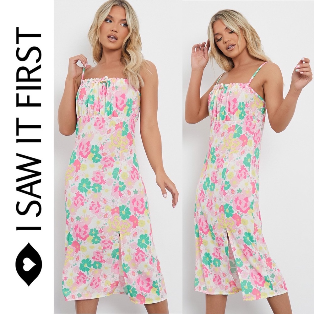 Floral Square Neck Midi Dress with Ruched Bust and Slit